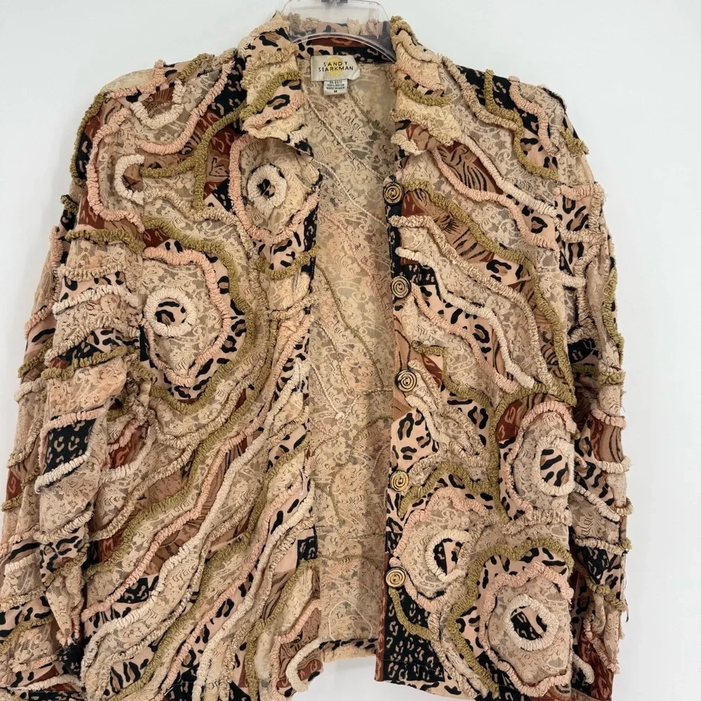 Sandy Starkman Women's Chenille Trim Jacket Button Close Size M Animal Print - Picture 4 of 9